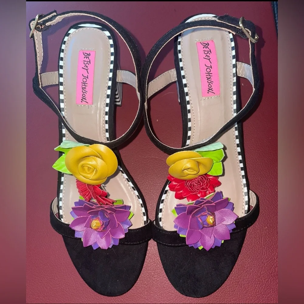 Betsey Johnson Black Sandals with Colorful Floral Accents - Picture 1 of 12